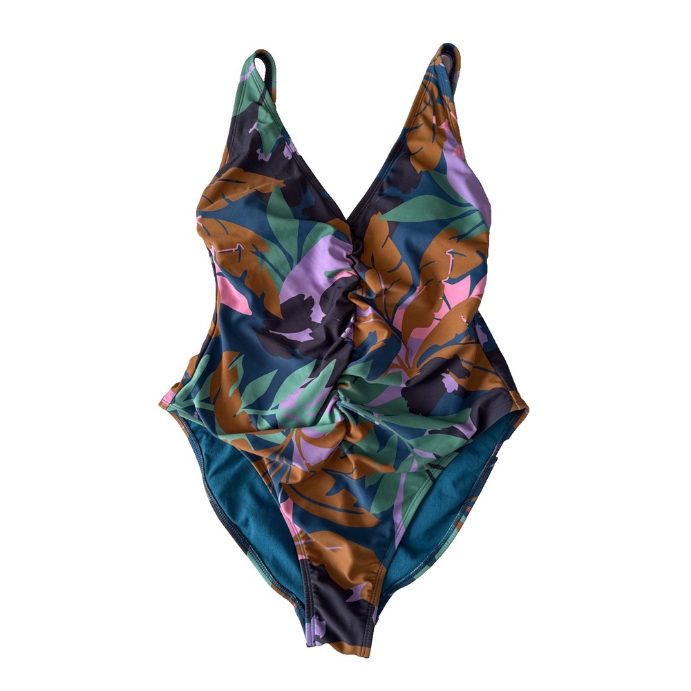 Shade & Shore Floral Shirred‎ Plunge One Piece Swimsuit Women's M Resort Beach